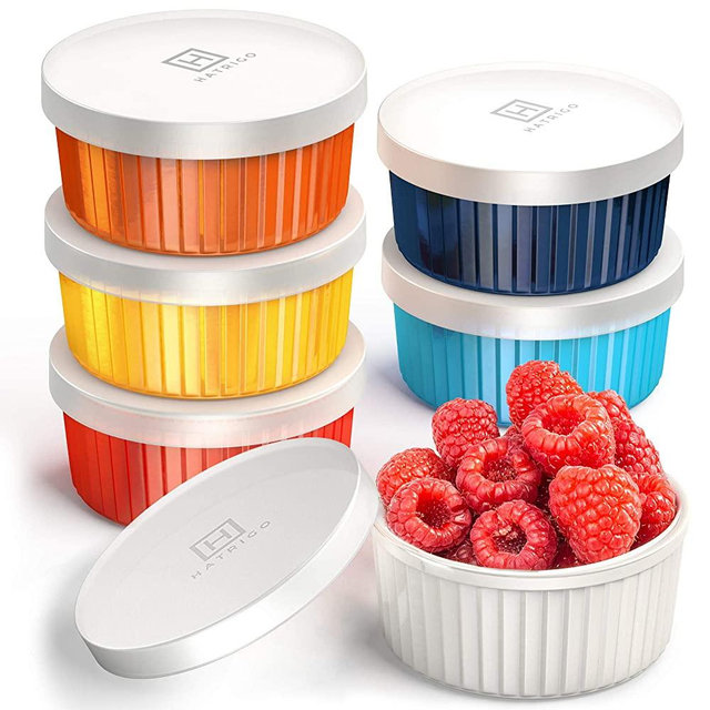 Hatrigo Porcelain Ramekins with Silicone Storage Lids, Set of 6 Assorted Colors, 8 oz Oven Safe to 450 deg F, Dishwasher Safe