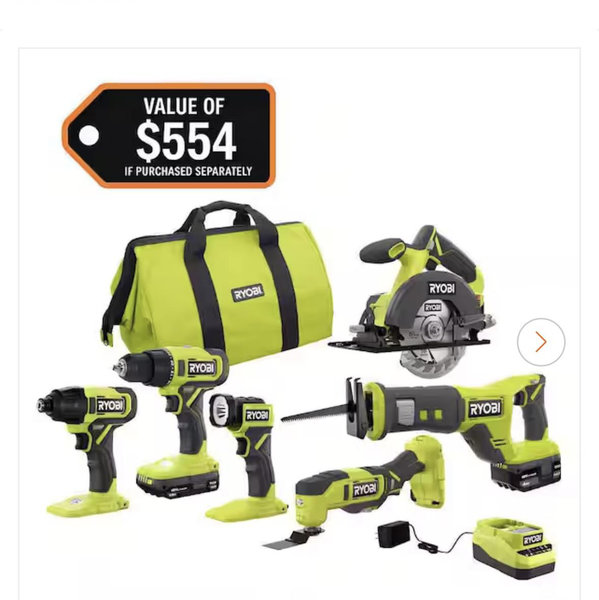 RYOBI ONE+ 18V Cordless 6-Tool Combo Kit with Compact Battery, 4.0 Ah Battery, and Charger PCL1600K2