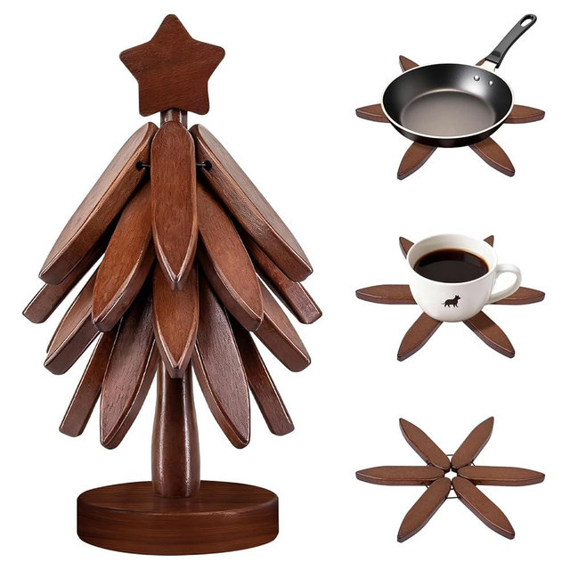 Wooden Trivets for Hot Dishes, Wooden Tree Trivet Set of 4 + 1 Stand stored Like a Christmas Tree, Premium Heat-Resistant Natural Wooden Trivet Set for Hot Dishes and Kitchen Countertop, Bowl, Teapot