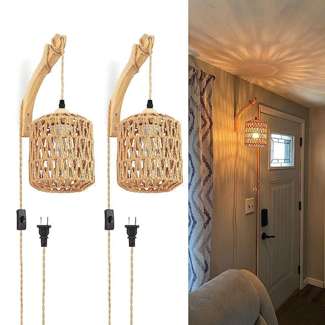 Frideko Plug in Wall Sconces Set of Two Hand Woven Wall Lamp with Plug in Cord Rattan Wall Lights Farmhouse Wall Sconce Wall Mounted Light Boho Wall Sconces Wall Lighting for Bedroom Living Room