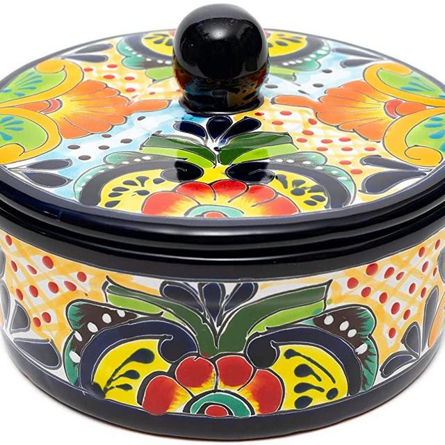 Enchanted Talavera Traditional Authentic Mexican Hand Painted Ceramic Tortilla Warmer Bowl With Lid Colorful Spanish Mexican Serveware (Multi Color)