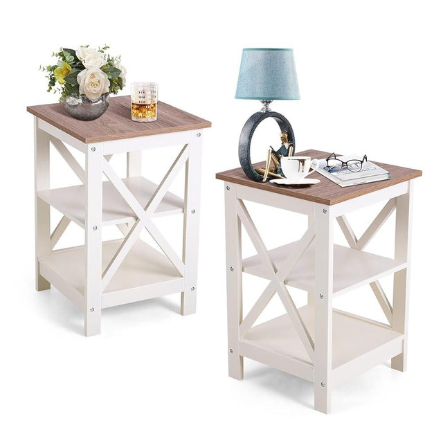 Sophia & William Farmhouse End Table Living Room Set of 2, Sofa Side Table with Storage Shelves, Ivory