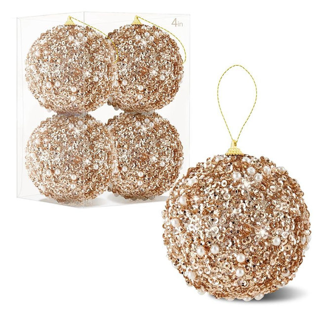 4 Pcs 4 Inch Christmas Ball Ornaments Glitter Sequin Ball Large Champagne Christmas Tree Decorations Xmas Hanging Balls for Home New Year Holiday Indoor Outdoor Party Decor (4, Champagne, 4 Inch)