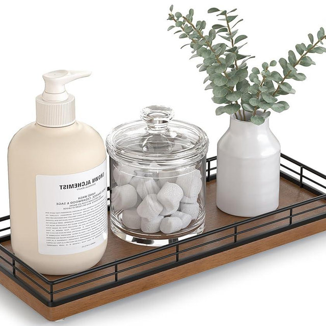 Bathroom Tray for Counter Top Organizer – Oak Wood Vanity Tray with Metal Frame for Dresser, Kitchen, Nightstand – Black & Brown Decorative Storage