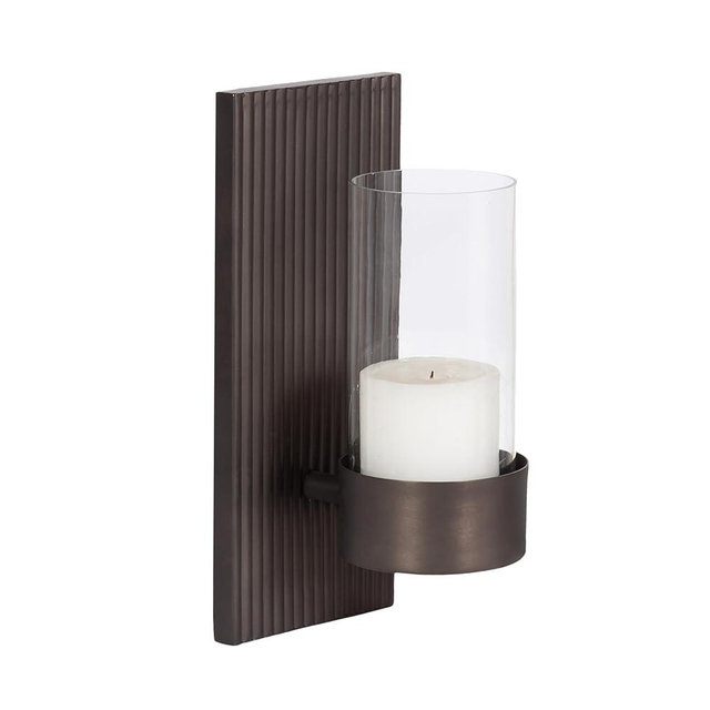 Kate and Laurel Rooks Modern Ribbed Metal Wall Sconce, 5 x 6 x 12, Gunmetal, Rectangular Wall Candle Holder with Removable Glass Cylinder for Flameless Candle Display in Bedroom or Bathroom