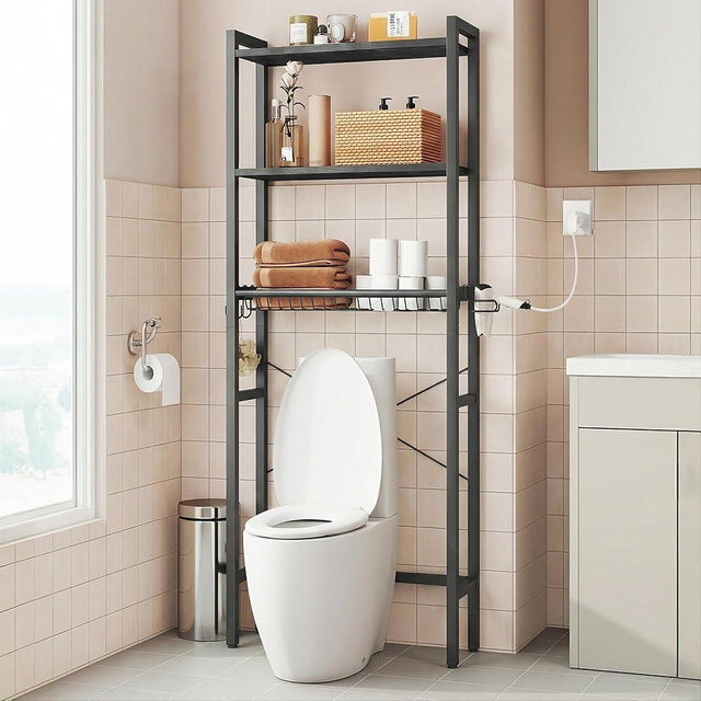 VASAGLE Over the Toilet Storage, Over Toilet Bathroom Organizer with Adjustable Shelves and Basket, 3 Hooks, Space Saving, 9.4 x 23.6 x 63 Inches, Ebony Black UBTS113BE01S