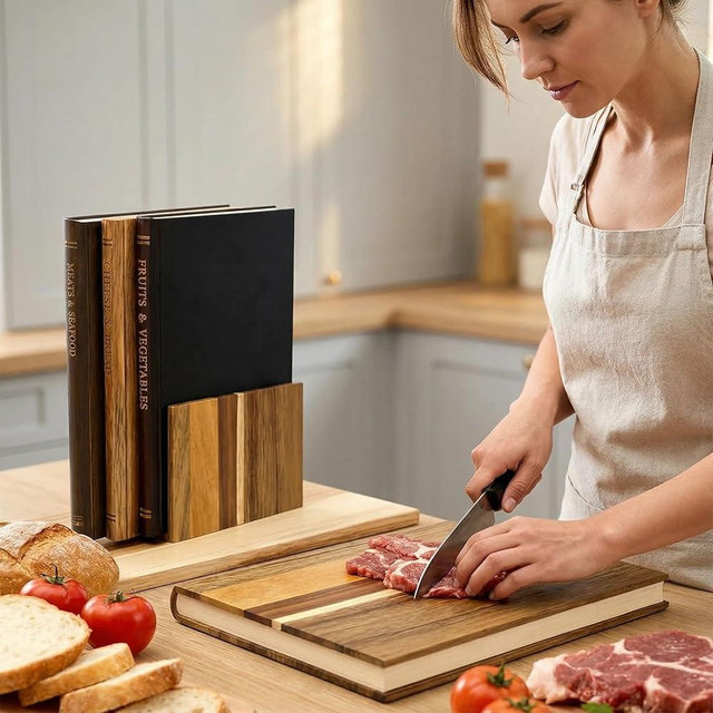 Book Cutting Board Set, Cutting Board That Looks Like Books with Stand,Set of 3 Solid Wood Book Shaped Cutter Boards Library,Wood Decorative Cutter Board for Kitchen (A)