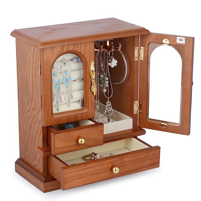Kendal Wooden Jewelry Box for Women, Graduation Gift Solid Jewelry Organizer, Mothers Day Gifts Wood Jewelry Case with Mirror for Necklaces, Earring, Rings (2 Side Door, Oak)