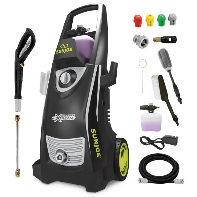 Sun Joe XTREAM Electric Pressure Washer, 4 Nozzle Foam Cannon with Wheels and Bristle Brushes, 20 ft Hose and 35 ft Power Cord, SPX3000-XT1
