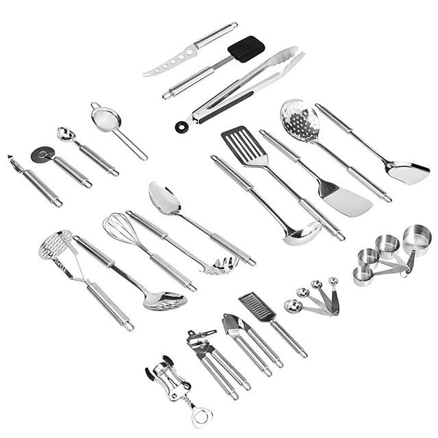 AmazonCommercial Stainless Steel Cooking Utensils, Set of 29 Utensils