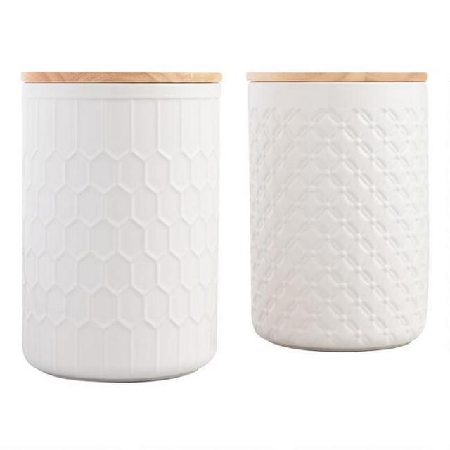 Large White Textured Ceramic Canisters with Lids Set of 2