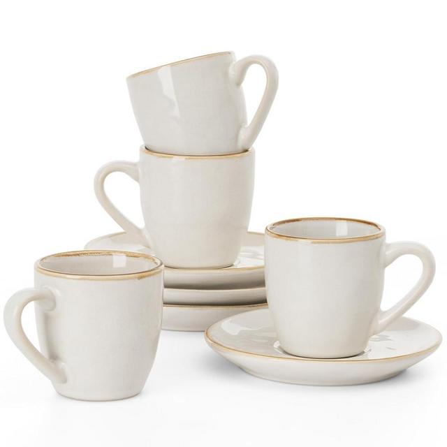 famiware Ocean Espresso Cups with Saucers Set of 4, 3.34oz Espresso Cup Set, Coffee Mug Set for Latte, Macchiato, Stoneware Demitasse Cups Set for Cafe, Microwave&Dishwasher Safe, Cappuccino White