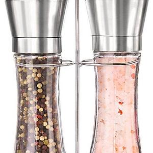 Premium Stainless Steel Salt and Pepper Grinder Set With Stand - Tall Salt and Pepper Shakers with Adjustable Coarseness - Salt Grinders and Pepper Mill Shaker Mills Set