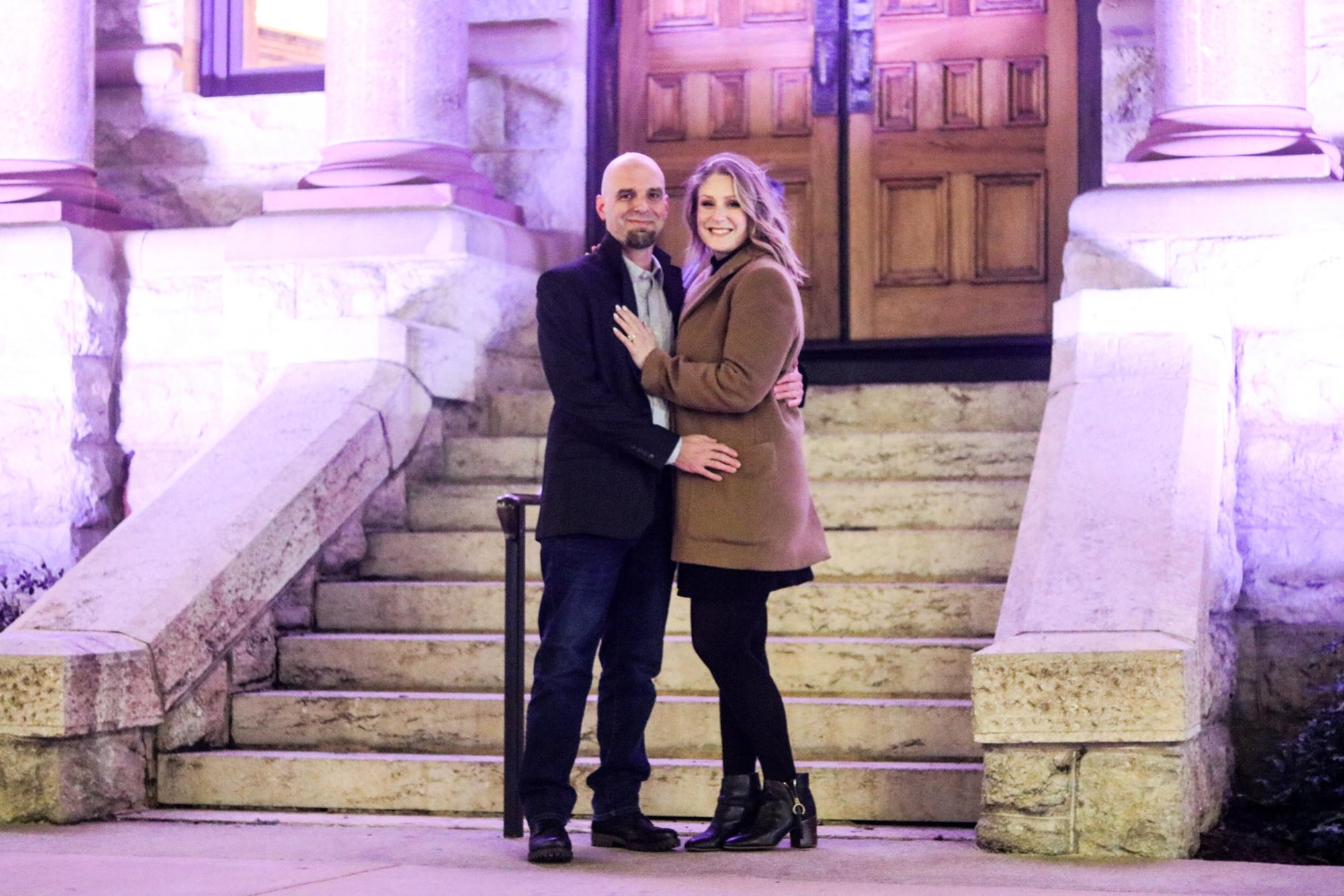 In front of the Denton Court House on the square right after Jason proposed