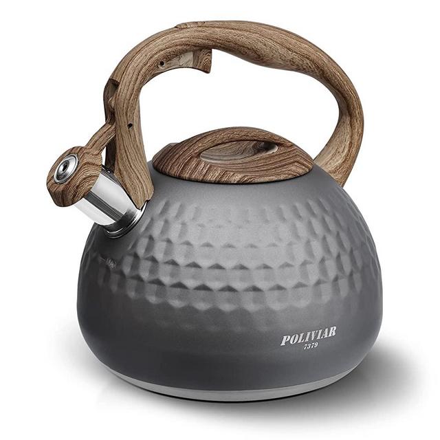 POLIVIAR Tea Kettle, Gray Ti Stovetop Tea Kettle 2.7 Quart , Audible Whistling Teapot, Food Grade Stainless Steel for Anti-Rust, Anti Hot Handle, Suitable for All Heat Sources (JX2020-RY30)