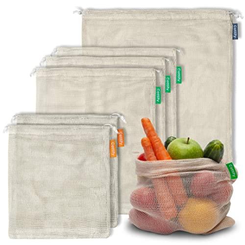 6 Reusable Organic Cotton Produce Bags - Bulk Pack of 6 Mesh | Eco Friendly | Double-Stitched & Tare Weigh & Drawstring | Fruits & Vegetable Bag | Machine Washable | LIGHTWEIGHT | 3 sizes (2S, 3M, 1L)