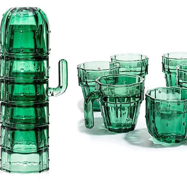 Cactus Stackable Glasses, Stacktus, Water, Wine or Juice Set of 6 - 10 oz Cactus Shape Glasses With Handles Green Glass Blown Figurines Plant Decorations Great for Parties 3.5" H 5" W, The Wine Savant
