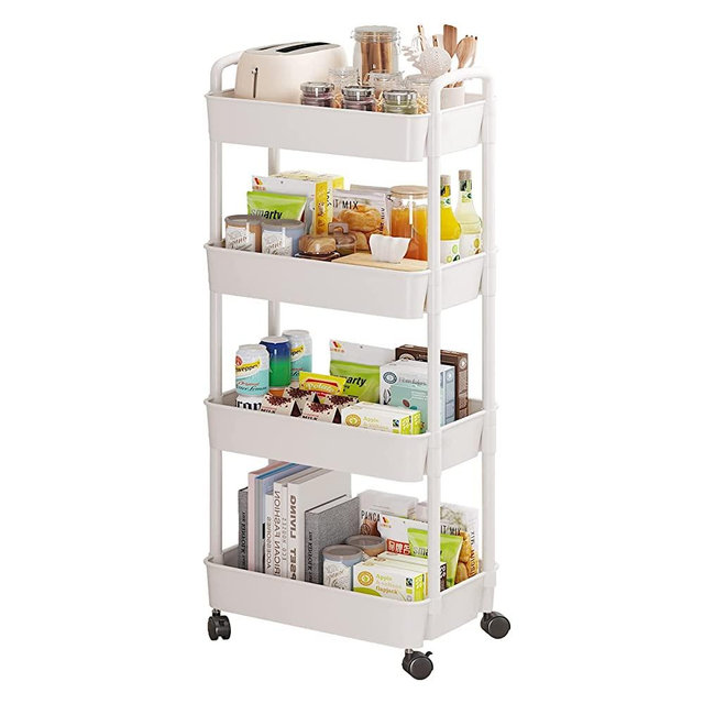 Sywhitta 4-Tier Plastic Rolling Utility Cart with Handle, Multi-Functional Storage Trolley for Office, Living Room, Kitchen, Movable Storage Organizer with Wheels, White
