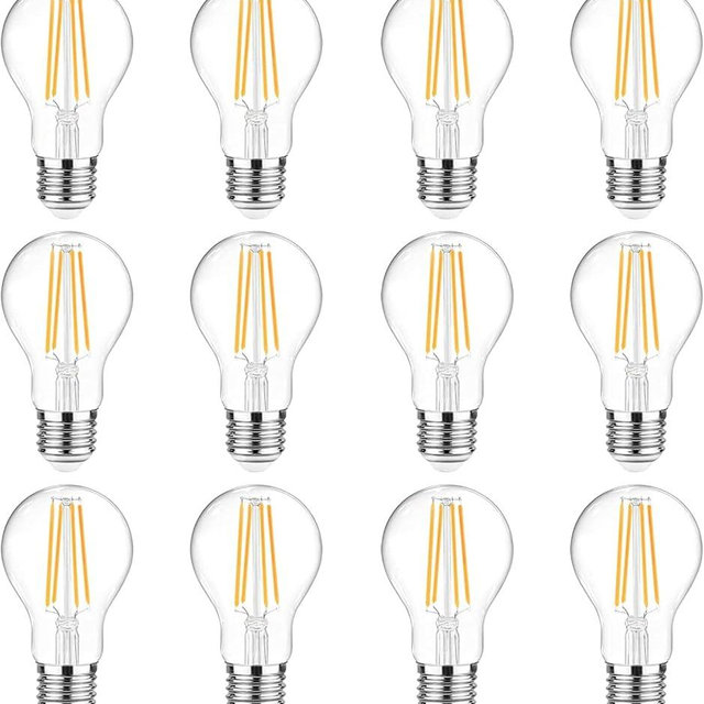 Ascher 60 Watt Equivalent, E26 LED Filament Light Bulbs, Warm White 2700K, Non-Dimmable, Classic Clear Glass, A19 LED Light Bulb with 80 CRI, Pack of 12
