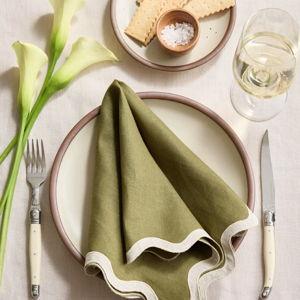 European Linen Scallop Edge Napkins (Set of 8) - Olive/Flax