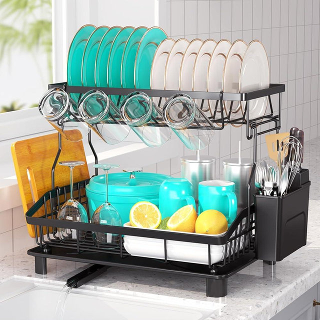 Ricobes Dish Drying Rack - 2 Tier Large Capacity Dish Rack- Dish Racks for Kitchen Counter with Drainboard, Rustproof Dish Drainer with Utensil Holder&Cutting Board Holder for Kitchen Sink, Black