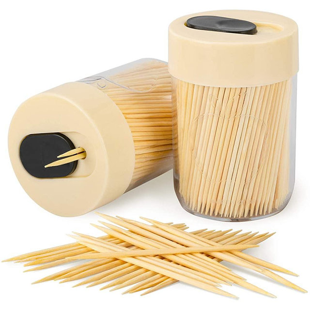 Urbanstrive Sturdy Safe Toothpick Holder with 800 Natural Wood Toothpicks for Teeth Cleaning, Unique Home Design Decoration, Unusual Gift, 2 Pack, Beige