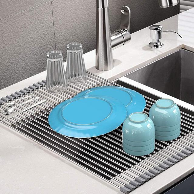 Roll Up Dish Drying Rack, Stainless Steel Over Sink Dish Drying Rack, Multi-Use Foldable Dishes Holder Sink Drain for Kitchen Sink Countertop, 17’’L×15’’W, Grey
