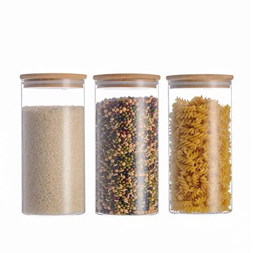 3x1300ml Glass Cylinder Airtight Food Storage Container Canister Jar with Bamboo Lid & Silicone Sealing Ring (10x20cm)