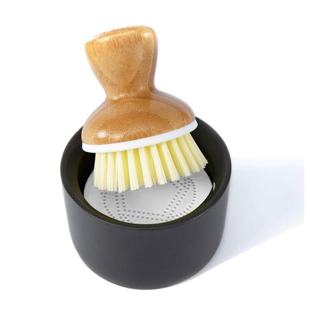 Full Circle Bubble Up Ceramic Soap Dispenser & Dish Brush Set in Grey