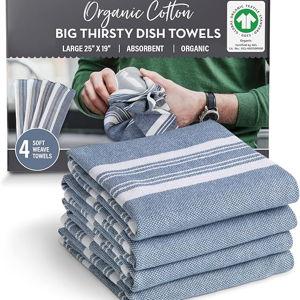 Country Trading Co. Big Thirsty Dish Towels - Organic Cotton Super Absorbent Kitchen Towels, Set of 4 – Soft Weave Machine Washable Tea Towels - 25” x 19” (Blue)
