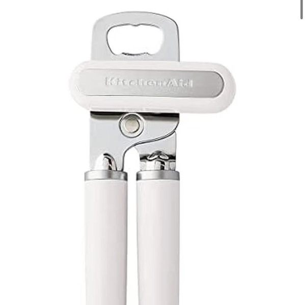 KitchenAid Classic Multifunction Can Opener and Bottle Opener Easy to Use, Razor Sharp Stainless Steel Cutting Wheel, Soft Ergonomic Handles, White