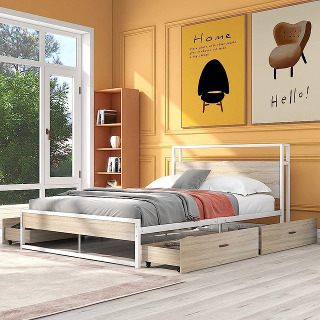 Queen Size Bed Frame with 4 Storage Drawers and USB Ports, Queen Metal Platform Bed 2-Tier Storage Wooden Headboard and Charging Station, Noise-Free, No Box Spring Needed, White