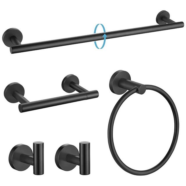 TURS Matte Black 5 Piece Bathroom Hardware Set, SUS304 Stainless Steel Bath Towel Bar Set, 24 Inch Round Bathroom Accessories Kit Wall Mounted