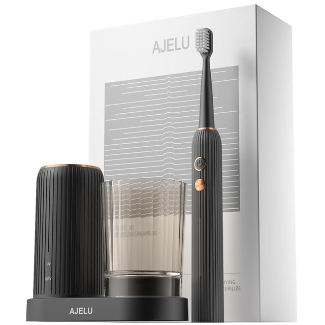 AJELU Sonic Electric Toothbrush for Adults with Drying Storage Holder, 8 Brush Heads, Smart Timer, USB Rechargeable, Deep Clean Power – Classic Black Edition
