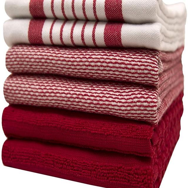 Premium Kitchen Towels (20”x 28”, 6 Pack) – Large Cotton Kitchen Hand Towels – Striped Flat & Terry Towel – Highly Absorbent Tea Towels Set with Hanging Loop – Red