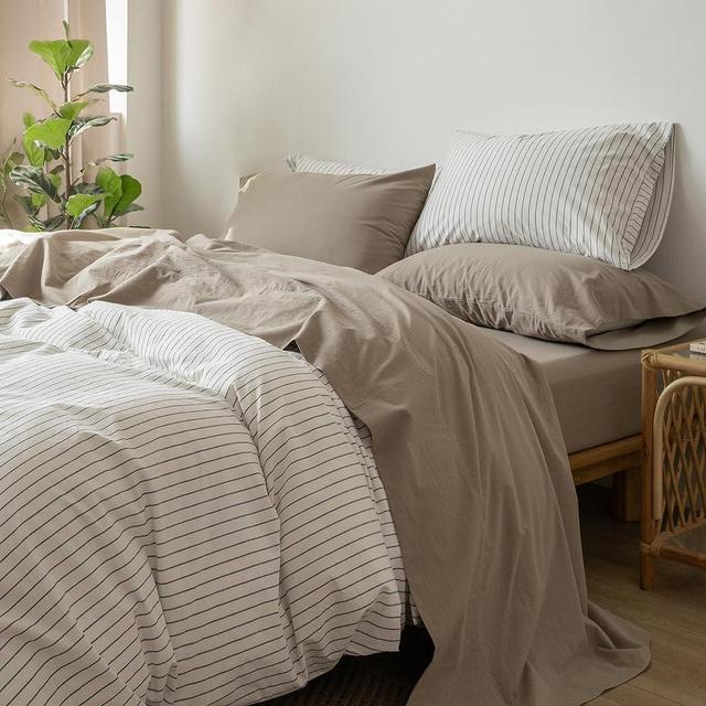 MooMee Bedding Sheet Set 100% Washed Cotton Linen Like Textured Breathable Durable Soft Comfy (Mocha Brown, Queen)