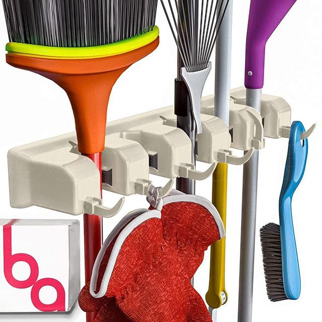 Berry Ave Broom Holder Wall Mount and Garden Tool Organizer, Closet Storage, Kitchen Rack, Home Organization and Garage Organizer for Rake or Mop Handles Up to 1.25-Inches, Hanger Plus 6 Hooks (Beige)