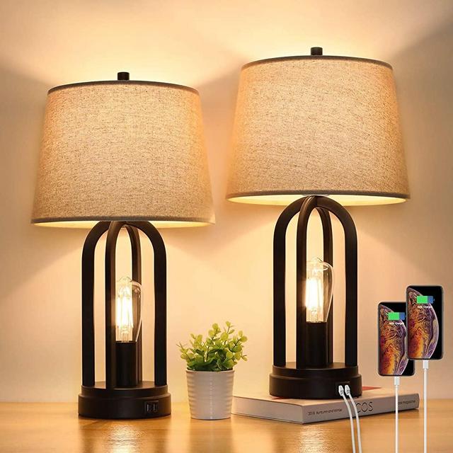Touch Bedside Table Lamps with Rotary Switch Set of Two , 3-Way Dimmable Bedroom Living Room Lamps with USB Charging Ports, Industrial Nightstand Lamp with Fabric Lampshade for Reading, Bulbs Included
