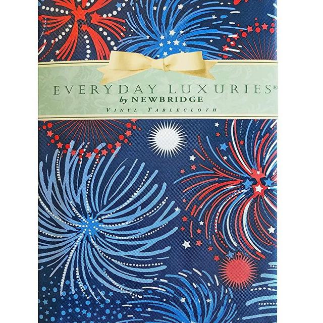 Newbridge Fireworks Celebration Vinyl Flannel Backed Tablecloth - Americana Patriotic Red, White and Blue Fireworks Indoor/Outdoor Party Tablecloth - 60” x 84” Oblong/Rectangle