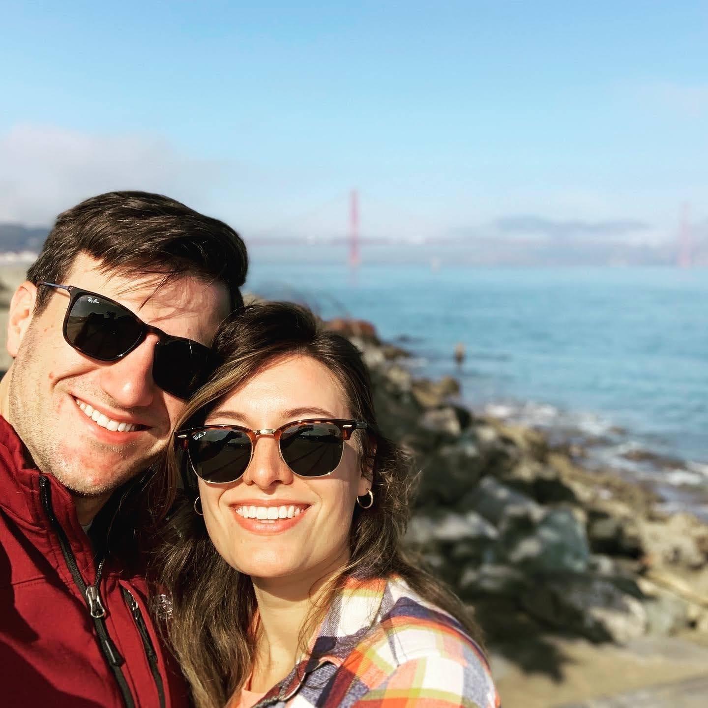 Kicking off our 2021 West Coast trip is this selfie from a beach with views of the Golden Gate Bridge.
