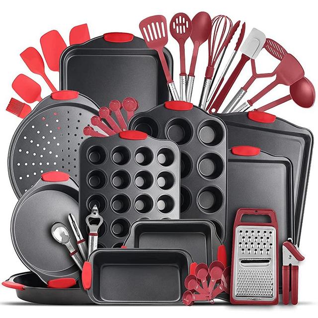 EATEX Bakeware Set - Baking Pans Set Nonstick Surface - Includes Baking Pan, Oven Pan, Cookie Sheet, Baking Trays & More - Nonstick with Silicone Handles & Utensils, Black & Red Utensils - 29 PC