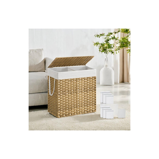 110L Laundry Hamper with Lid Laundry Clothes Hamper with 2 Removable Liner Bags Wicker Double Laundry Basket for Bathroom Natural