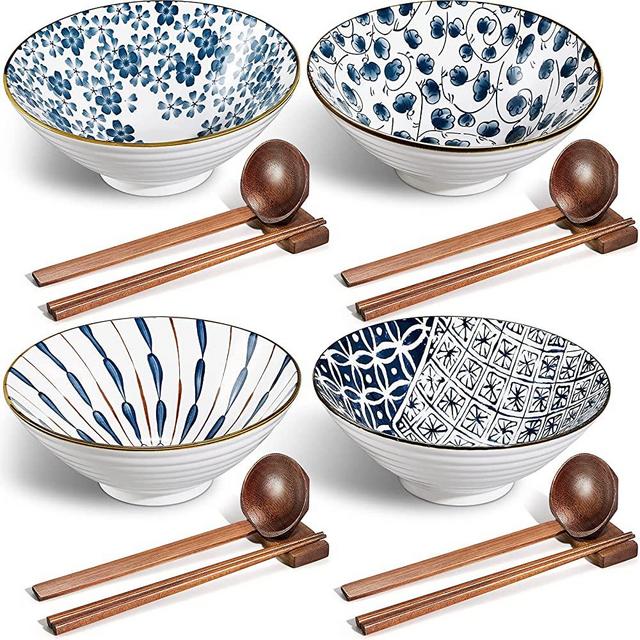 Ceramic Ramen Bowl, 40 oz Japanese Large Noodle Bowls with Spoons, Chopsticks and Chopsticks Stand for Udon, Soba, Pho, Noodles, Ramen, Salad and Soup, Set of 4