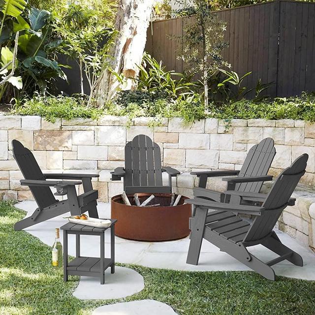 LUE BONA Folding Adirondack Chair Set of 4, Dark Grey Poly Fire Pit Adirondack Chair Weather Resistant, Modern Plastic Adirondack Chairs with Cup Holder, 320LBS, Outdoor Chairs for Pool Porch Beach