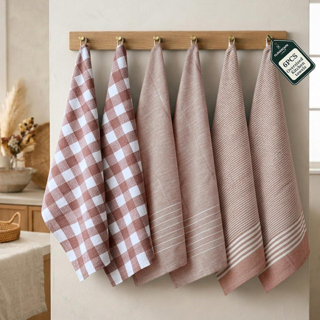 CLOUDSCAPE Kitchen Towels - 6 Pack 18”x28” Quick-Drying Dish Towels for Kitchen, Cotton Blended Stripe Hand Towels with Hanging Loop, Highly Absorbent, Durable Dish Cloths for Washing Dishes -Rust