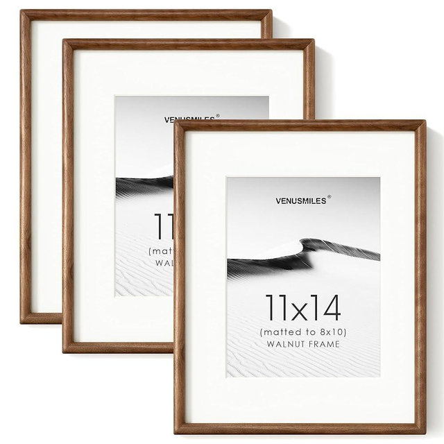 11x14 Picture Frame with 8x10 Mat, USA-Sourced Natural Walnut Wood Photo Collage Frame with HD Tempered Glass, Double Mortise and Tenon Strips, Wall Display Horizontally and Vertically, 3 Pack