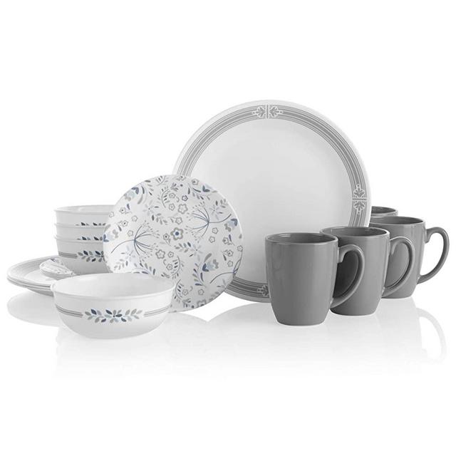 Corelle Prairie Garden Grey Chip & Break Resistant 16pc Dinner Set, Service for 4