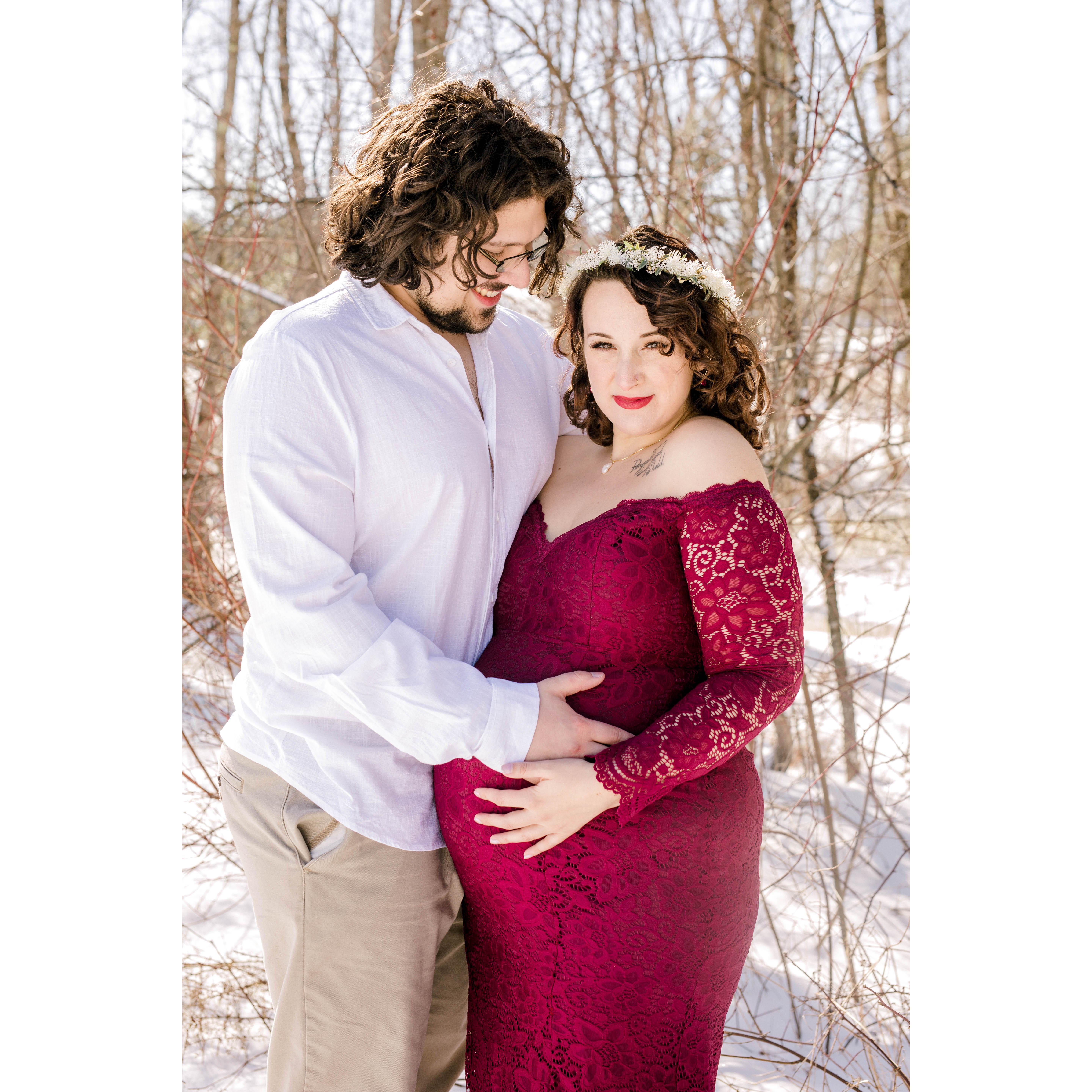 A chilly maternity photo, taken just a few weeks prior to welcoming their second baby.