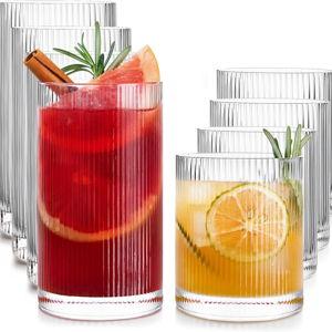 LUNA & MANTHA Drinking Water Glasses Set, Lead-Free Crystal Highball Glass, Tall Glass Cups for Cocktail Parties,ribbed set of 8,17oz&12oz