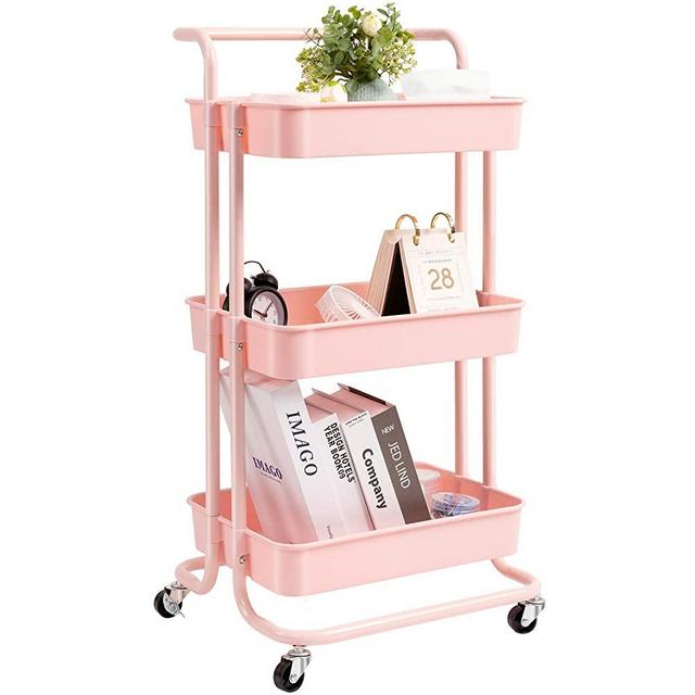 danpinera 3 Tier Rolling Utility Cart with Wheels and Handle Storage Organization Shelves for Kitchen, Bathroom, Office, Library, Coffee Bar Trolley Service Cart, Pink